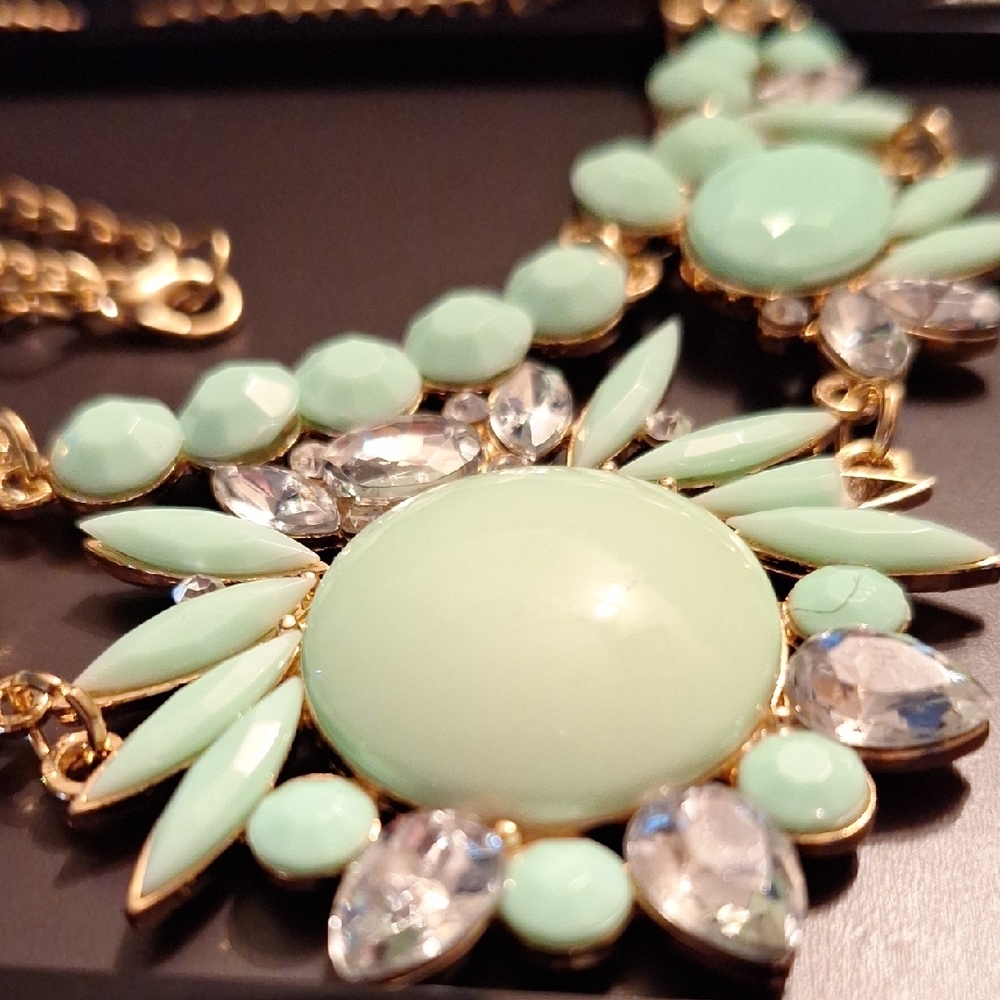 Mint Green Rhinestone And Gold Statement Necklace - Picture 3 of 3